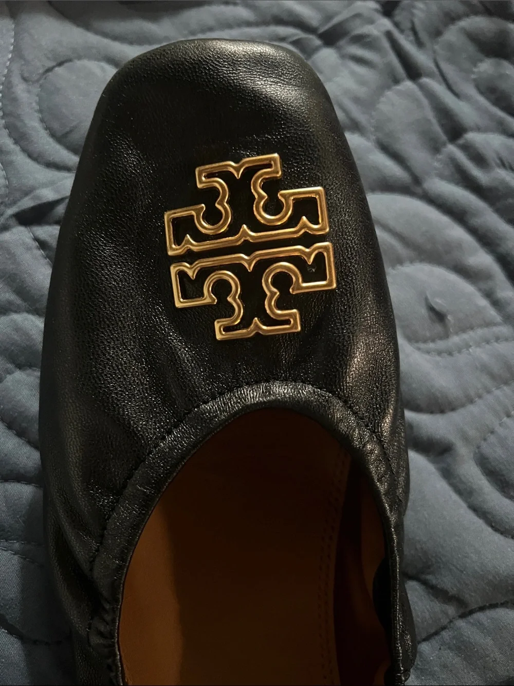 Tory Burch Black Leather Ballet Flats with Gold Logo